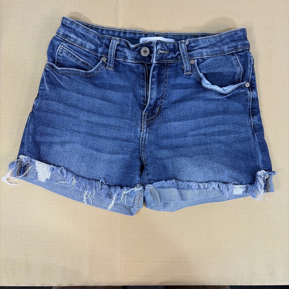 KanCan Women's Blue Denim Cut Off Shorts 27 Mid Rise Stretch 5-Pocket 2in